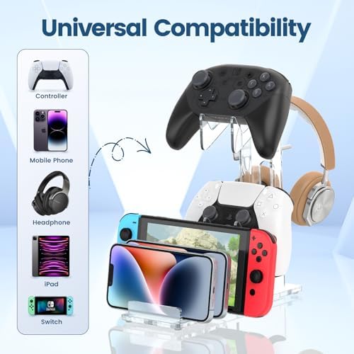 Kzlaonef Acrylic Game Console Shelf for PS5/Xbox/Switch | Desk Organizer with Headset & Controller Holder | Modern Gaming Accessory Storage - Image 2