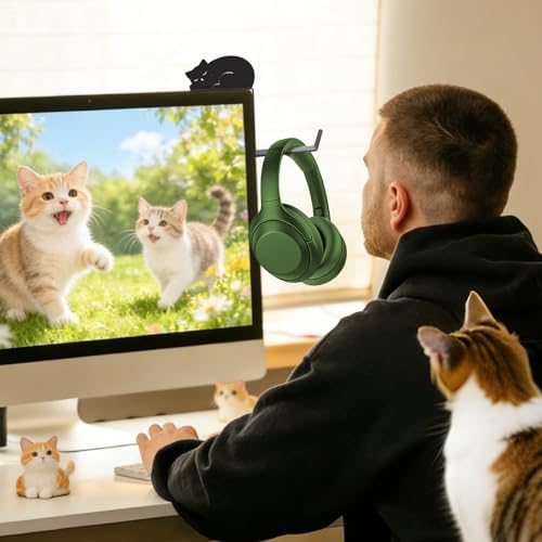Metal Dog And Cat headphone holder for monitor, Lie cat, Black - Image 5