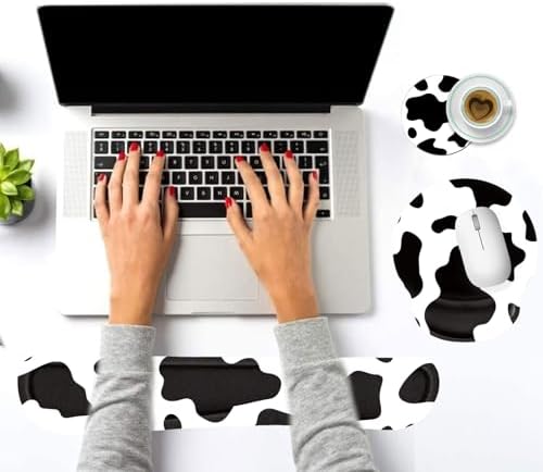 Keyboard Wrist Rest and Mouse Pad Wrist Support Set with Coasters,Ergonomic Gaming Mousepad for Home Office Working Studying Easy Typing & Pain Relief,Cow Print - Image 6