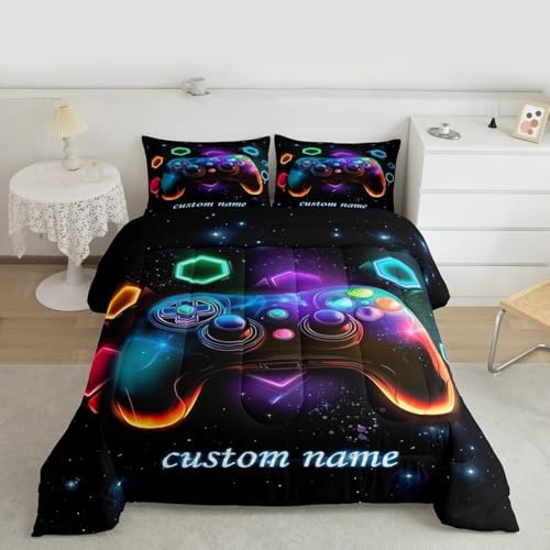 Custom Name Game Consoles Gaming Bedding Set Queen,Personalized Gaming Comforter Sets for Boys Space Glow Geometric Kids Comforter Sets Boys Red Green Blue Teal,Game Room Decor Kids Bedroom Decor - Image 5