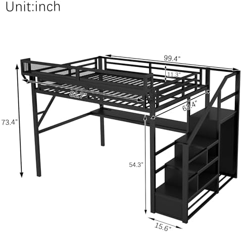 KEIKI Queen Size Metal Loft Bed Frame with Desk, Staircase, Built-in Storage Shelves and Wardrobe, Modern Loft Bed with Solid Slat, Guardrail, No Box Spring Required, Easy Assembly, for Bedroom, Black - Image 2