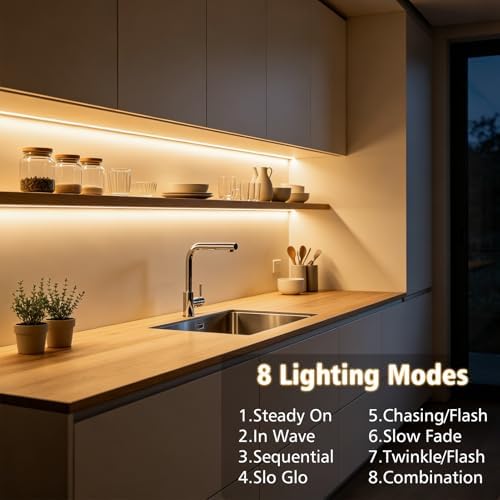 echosari Battery Powered Led Strip Lights with Remote Warm White, 8 Modes, Dimmable, Timer, Self-Adhesive, Cuttable, Waterproof, 9.8FT 90Led Strip Lights for TV Kitchen Cupboard Bedroom Decor - Image 5