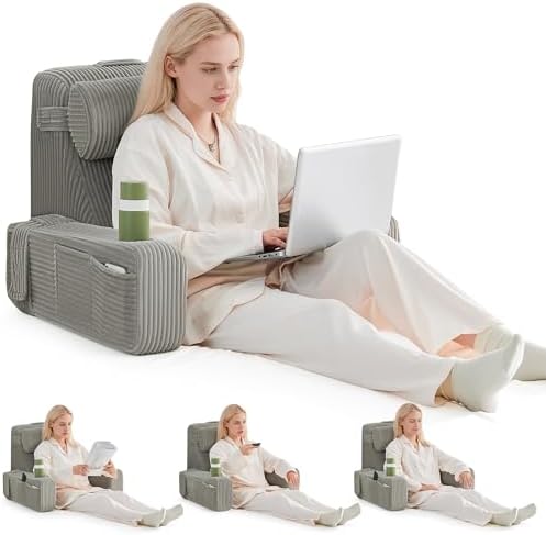 Reading Pillow for Bed, Back Pillow for Bed Sitting Up, Bed Pillows for Sitting Up with Adjustable Armrests, Cup Holder & Large Pocket, Backrest Cushion for Reading, Watching TV (Grey, 4PCS) by Paxato