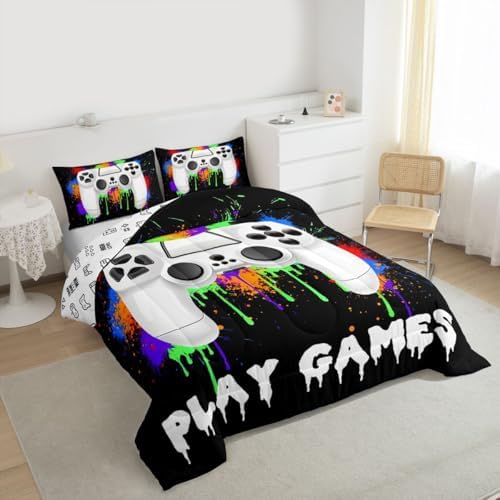 Feelyou Kids Boys Graffiti Gamer Bedding Set King Size, Black Gaming Comforter Set Game Comforter for Game Room Decor Duvet Set Durable Bed Set 3Pcs Room Decor Quilt Set Bedding Collection - Image 2