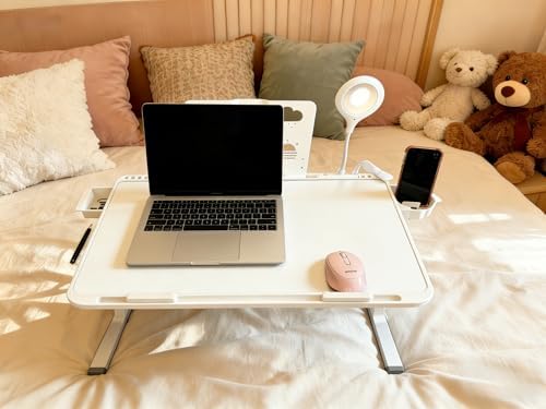 Foldable and Adjustable Laptop Bed Table with Hidden Drawer, Cup Holder, USB Voice-Controlled Night Light, White 23.6"x15.7", Suitable for Working, Gaming, and Other uses on Bed and Sofa - Image 5