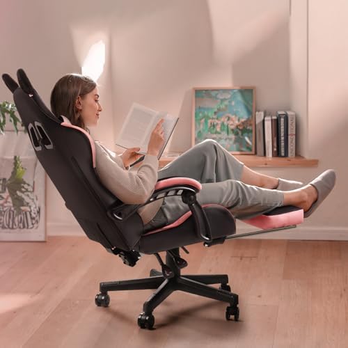 PUKAMI Pink Gaming Chair with Cute Cat Ears | Computer Chair for Girl with Footrest,Ergonomic Gamer Chair for Adult, Kawaii Gaming Chair, Game Chair (Light Black) - Image 6