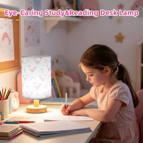 Whale Kids Table Lamp for Bedroom,Kids Bedside Lamps 3 Colors Dimmable Nightstand Night Light with Cartoon Flaxen Fabric Shade Desk Lamp for Girls Boys Room Nursery Ocean Decor,Birthday Kids Gift - Image 4