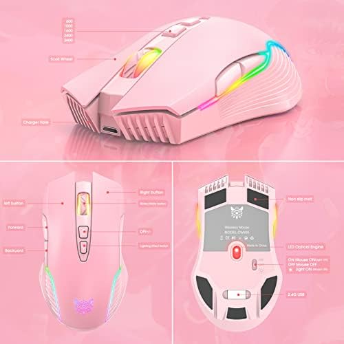 RGB Wireless Gaming Mouse, Pink, Rechargeable, Ergonomic Design, Adjustable DPI, Compatible with Windows, Mac - Image 6