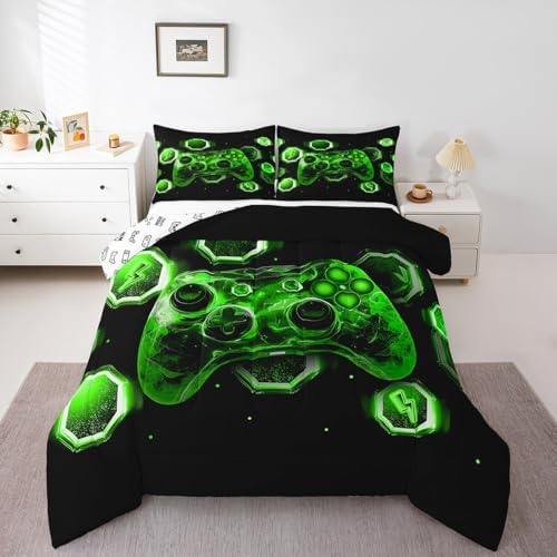 Feelyou Kids Green Gamer Bedding Set Full Size, Game Console Comforter Set Boys Girls Space Universe Gaming Comforter Gamepad Teens Duvet Set Bedroom Decor with 2 Pillow Case - Image 7
