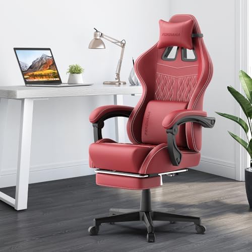 Ferghana Vintage PU Leather Gaming Chair, Ergonomic Gamer Chair with Massage, High Back Computer Office Chair with Footrest for Adults, Racing Style Reclining Video Game Chair (Red) - Image 2