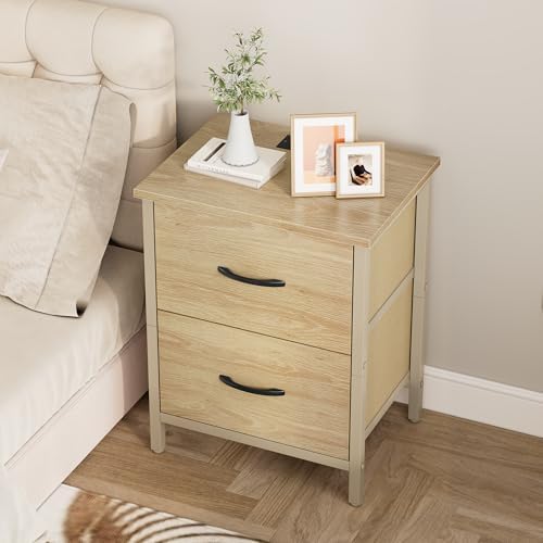 Vagusicc Nightstand Set of 2 with Charging Station, End Table Bedside Table with Power Outlet & USB Ports, Side Table with 2 Fabric Drawers for Bedroom, Living Room, Natural - Image 4