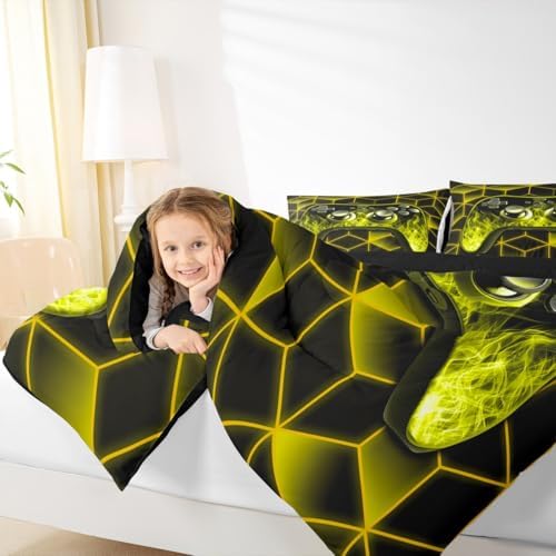 Yellow Game Console Comforter Set for Boys, Neon Geometric Gamer Bedding Set, 3D Geometric Comforter Set with Flame Gaming Consoles Gamer Decor - Image 4