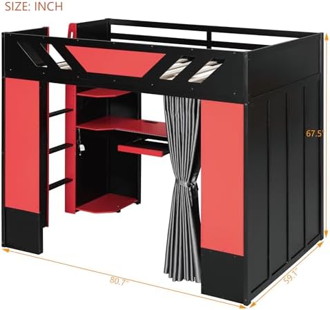 Merax Full Size Loft Bed with Desk and Storage Shelves, Gaming Loft Bed Frame with USB Charging Station and Curtains, Space Saving Loft Bed for Teens Bedroom, Black + Red - Image 2