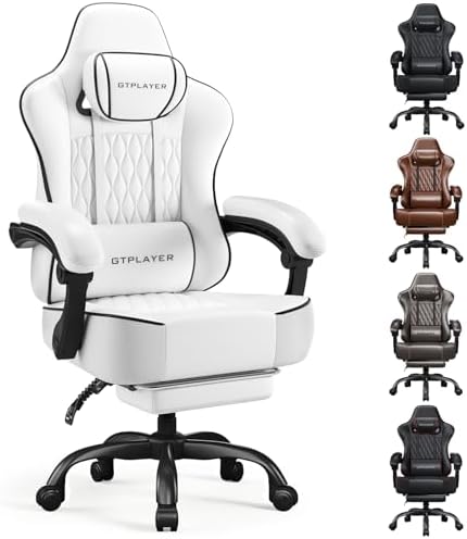 GTPLAYER Big and Tall Gaming Chair with Footrest, Ergonomic Office Desk Chair with 4.4in Thick Cushion and Wide Wingless Seat, Comfortable Leather Computer Chair, Predator Series, White by GTPLAYER
