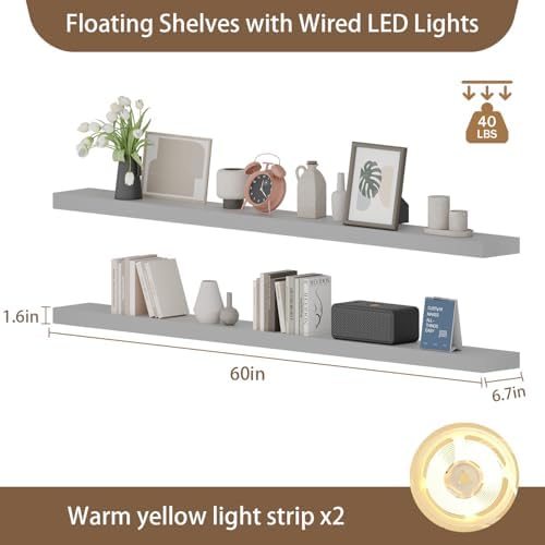 60 inch LED Gaming Floating Shelves for Wall,Solid Wood Long Wall Shelves Set of 2 with Light for Gaming Room,Grey Rustic Wall Mounted Shelves for Living Room Bedroom Kitchen Garage - Image 2