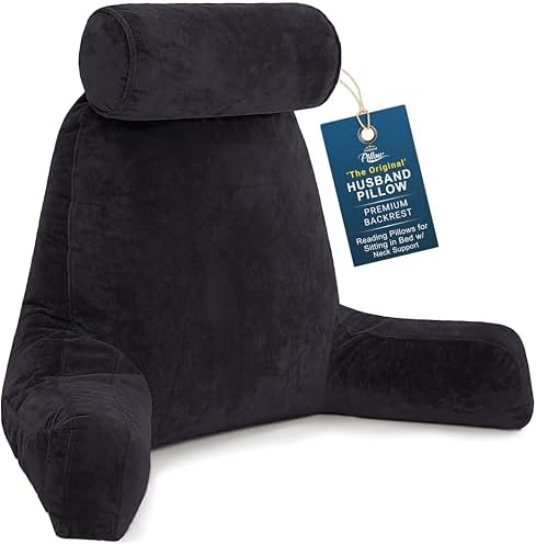 Husband Pillow XXL The Original for Adults - 30" Tall Backrest for Sitting Up in Bed - Firm Support Reading & Bed Rest Pillows for Adults, Neck Roll, Removable Cover - TV - Black by HusbandPillow