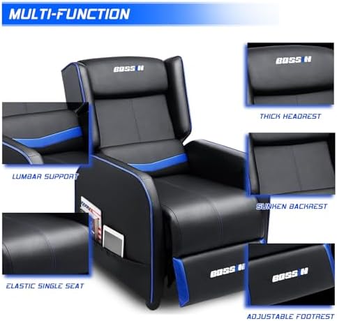 BOSSIN 400lbs Big and Tall Gaming Recliner Chair, PU Leather Seating, Blue - Image 7