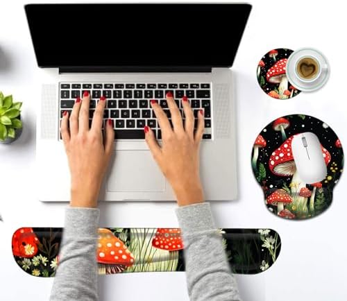 Keyboard Wrist Rest and Mouse Pad Wrist Support Set with Coasters,Ergonomic Gaming Mousepad for Home Office Working Studying Easy Typing & Pain Relief,Cute Forest Mushroom - Image 6