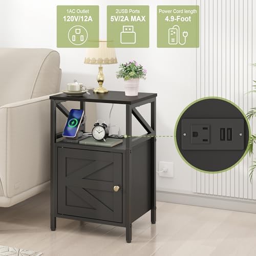 Side Table With Charging Station - Bedside Tables for Small Spaces Black - Image 5
