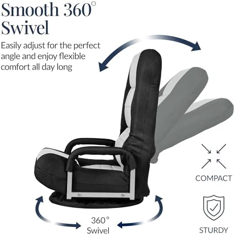 Best Choice Products Swivel Gaming Chair 360 Degree Multipurpose Floor Chair Rocker for TV, Reading, Playing Video Games w/Lumbar Support, Armrest Handles, Adjustable Foldable Backrest - Black/White - Image 6