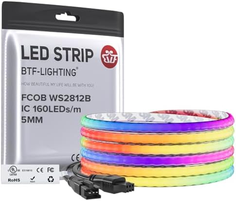 BTF-LIGHTING FCOB COB WS2812B IC RGB LED Strip DC5V 9.8FT 480LED 5mm IP30 by BTF-LIGHTING