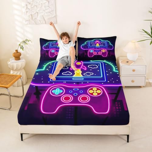 Erosebridal Gaming Sheet Set Twin Purple Gamepad Fitted Sheet for Kids Boys Girls Modern Gamer Bed Sheet Set Vintage Video Games Top Sheet for Bedroom Decor with Deep Pocket Gaming Flat Sheet - Image 6