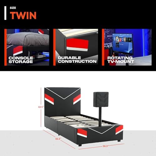 X Rocker Orion Esports Twin Gaming Bed, with Rotating TV Mount, Black Faux Leather, Durable Frame and Padded Headboard, 82.28" x 41.34" x 42.52" - Image 2