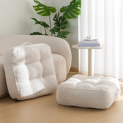 HIGOGOGO 8" Extra Thick Floor Pillow Cushion for Adults, Meditation Cushion Pillow, Large Square Floor Sitting, Tufted Corduroy Cover, for Tatami Living Room or Yoga, 22x22 Inch, 2Pack, Beige by HIGOGOGO