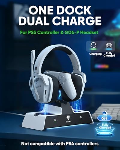 NUBWO G06 Pro Wireless Gaming Headset with Charging Station for Headset & PS5 Controller, 17ms Low Latency, 120H Battery Life, Dynamic 50mm Drivers-White (Only Compatible with PS5) - Image 2