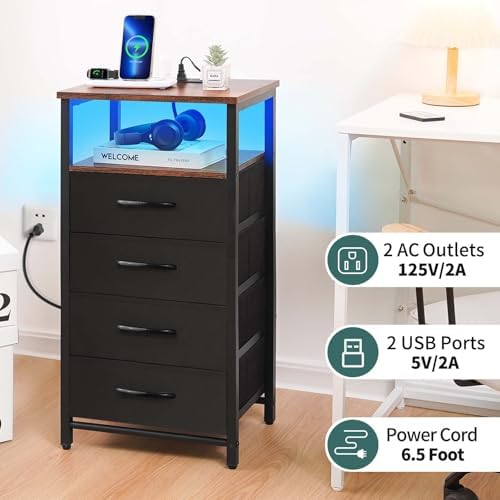 Yoobure Night Stand - LED Nightstand with Charging Station, Tall Nightstand for Bedroom, Bedside Table with 4 Fabric Storage Drawers and Storage Shelf, End Table with USB Ports and Outlets - Image 4