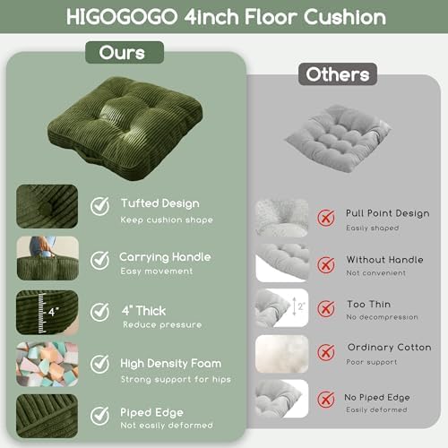 HIGOGOGO Floor Pillow Cushion for Adults, Meditation Cushion Pillow, Large Square Floor Sitting, Tufted Corduroy Cover, for Tatami Living Room or Yoga, Dark Green - Image 4