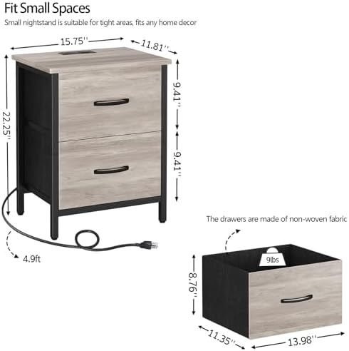 Vagusicc Nightstand Set of 2 with Charging Station, End Table Bedside Table with Power Outlet & USB Ports, Side Table with 2 Fabric Drawers for Bedroom, Living Room, Greige - Image 3