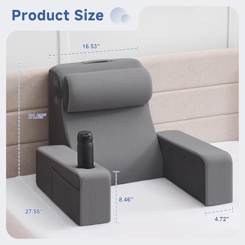 Reading Pillow for Bed, Back Pillow for Bed Sitting Up, Bed Pillows for Sitting Up with Adjustable Armrests, Cup Holder & Large Pocket, Backrest Cushion for Reading, Watching TV (Dark Grey, 4PCS) - Image 2