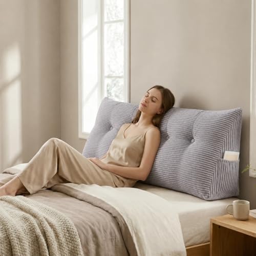 Wedge Reading Pillow Headboard Queen Size, Headboard Bolster Pillow for Bed, Triangular Backrest Cushion with Removable Corduroy Cover, LightGrey by DVUAY