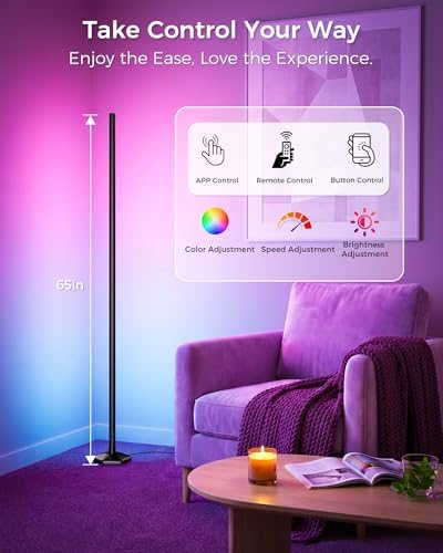 Corner Floor Lamp, 65" RGB Color Changing led Floor lamp with APP and Remote Control, Dimmable Mood Light Corner Light with Music Sync, DIY Mode & Timing for Living Room Gaming Room - Image 5