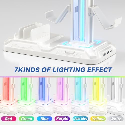 KDD Headset Stand with Charging Station - Detachable Controller Holder with 9 Light Modes - Rotatable Headphone Hanger with USB A&C Charger Ports - Earphone Hook for PC Gaming Accessories Storage - Image 4