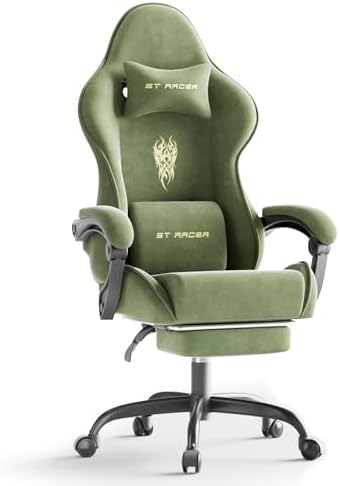 Ferghana Velvet Fabric Gaming Chair, High Back Ergonomic Gamer Chair for Adult, Comfortable Video Game Chair with Footrest and Massage Lumbar Cushion, Racing Reclining Office Computer Desk Chair Green by FerghanaGamingChair