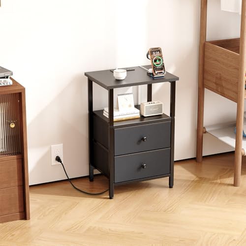 Nightstand with Charging Station, Bedside End Table with 2 Fabric Drawers for Bedroom, Side Table with USB Ports and Outlets (Black) - Image 6