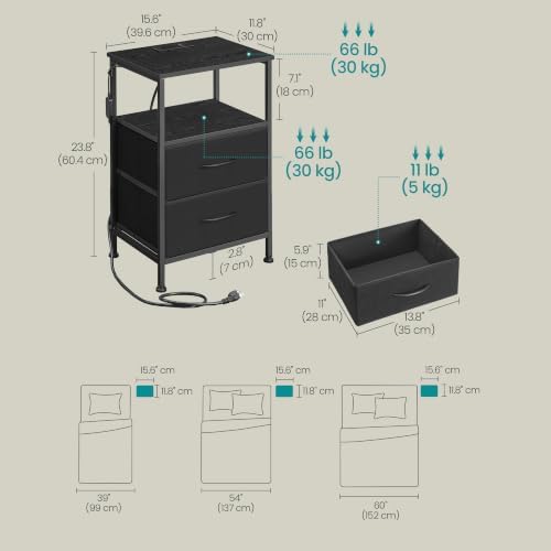 SONGMICS Nightstand with Charging Station, 2 Fabric Drawers - Image 2