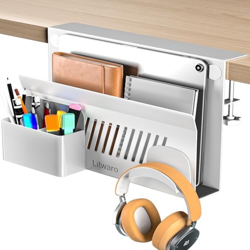 Litwaro Desk Side Storage Organizer, Under Desk Laptop Holder No Drill, Laptop Mount with Magnetic Pen Holder, Hanging Desk Organizer Fits Flat Edge Desks 0.4" to 2.1" (White) by Litwaro