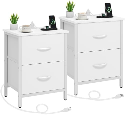 Vagusicc Nightstand Set of 2 with Charging Station, End Table Bedside Table with Power Outlet & USB Ports, Side Table with 2 Fabric Drawers for Bedroom, Living Room, White by Vagusicc