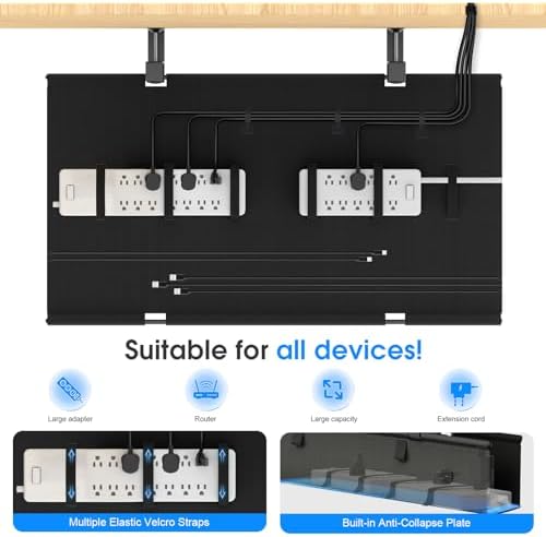 Under Desk Cable Management Tray, 30-inch No-Drill Cord Organizer with Anti-Sag Reinforced Base, Fabric Wire Management Hider for Standing Desk, Office & Gaming Accessories - Black - Image 4