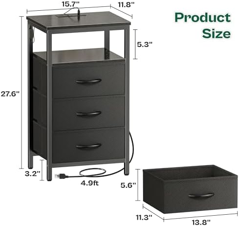 Huuger Night Stand with Charger Station and LED Lights, 3 Drawer Nightstand - Image 3