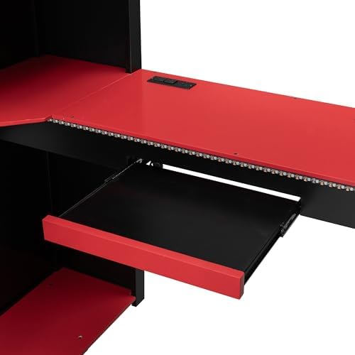 Merax Full Size Loft Bed with Desk and Storage Shelves, Gaming Loft Bed Frame with USB Charging Station and Curtains, Space Saving Loft Bed for Teens Bedroom, Black + Red - Image 4