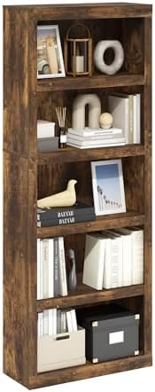 Furinno Rail Book Shelf, 5-Tier Bookshelf with Open Shelf, Bookcase with Classic Style Edges, 10 x 24.6 x 63.5, for Organization and Storage, for Living Room, Bedroom, Home Office, Amber Pine by Furinno-FitsYourSpaceFitsYourBudget