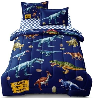 Kid Twin Comforter Set - 5 Pcs Dinosaur Bedding Set for Boys, Blue by Leaflin