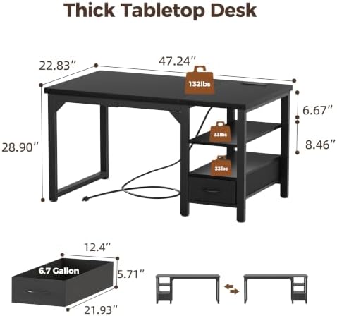 Mericonia 48" Reversible Computer Desk with Drawer, 1.2" Thick Office Desk - Image 2