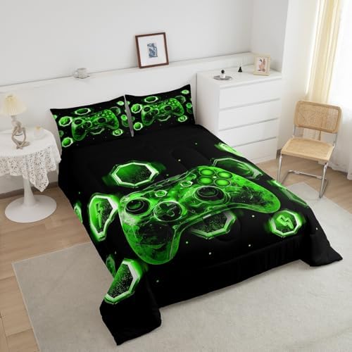 Feelyou Kids Green Gamer Bedding Set Full Size, Game Console Comforter Set Boys Girls Space Universe Gaming Comforter Gamepad Teens Duvet Set Bedroom Decor with 2 Pillow Case - Image 4