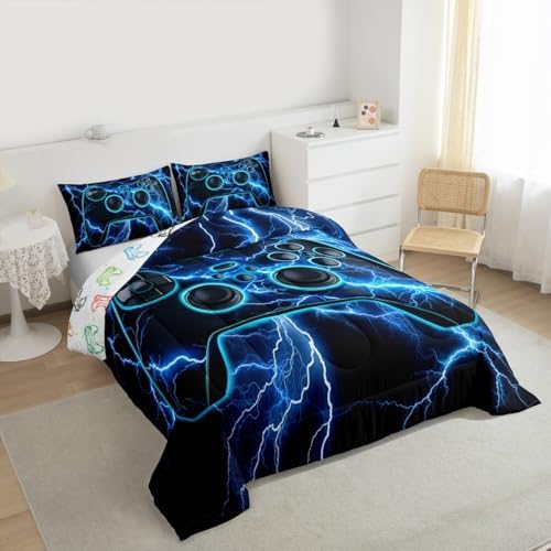 Erosebridal Gaming Queen Comforter Set Gamer Bedding Set, Video Game Consoles Down Comforter Blue Lightning Quilt,Gamer Room Decor for Boys - Image 2