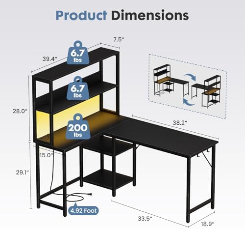 DUMOS L Shaped Desk, Gaming Desk, Power Outlet, 53 Inch - Image 3